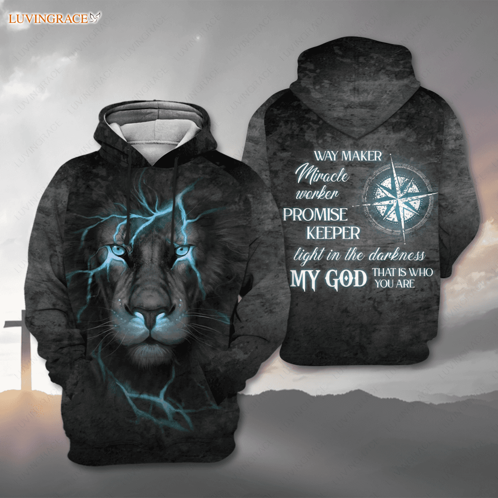 Blue Light Lion Compass Way Maker Miracle Worker My God Hoodie / S