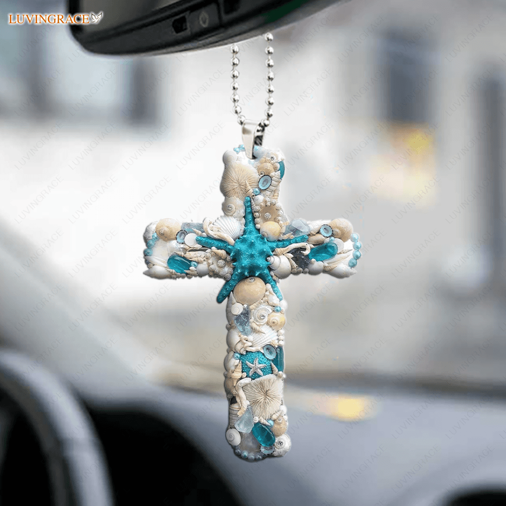 Blue Starfish Seashells Cross Ornament