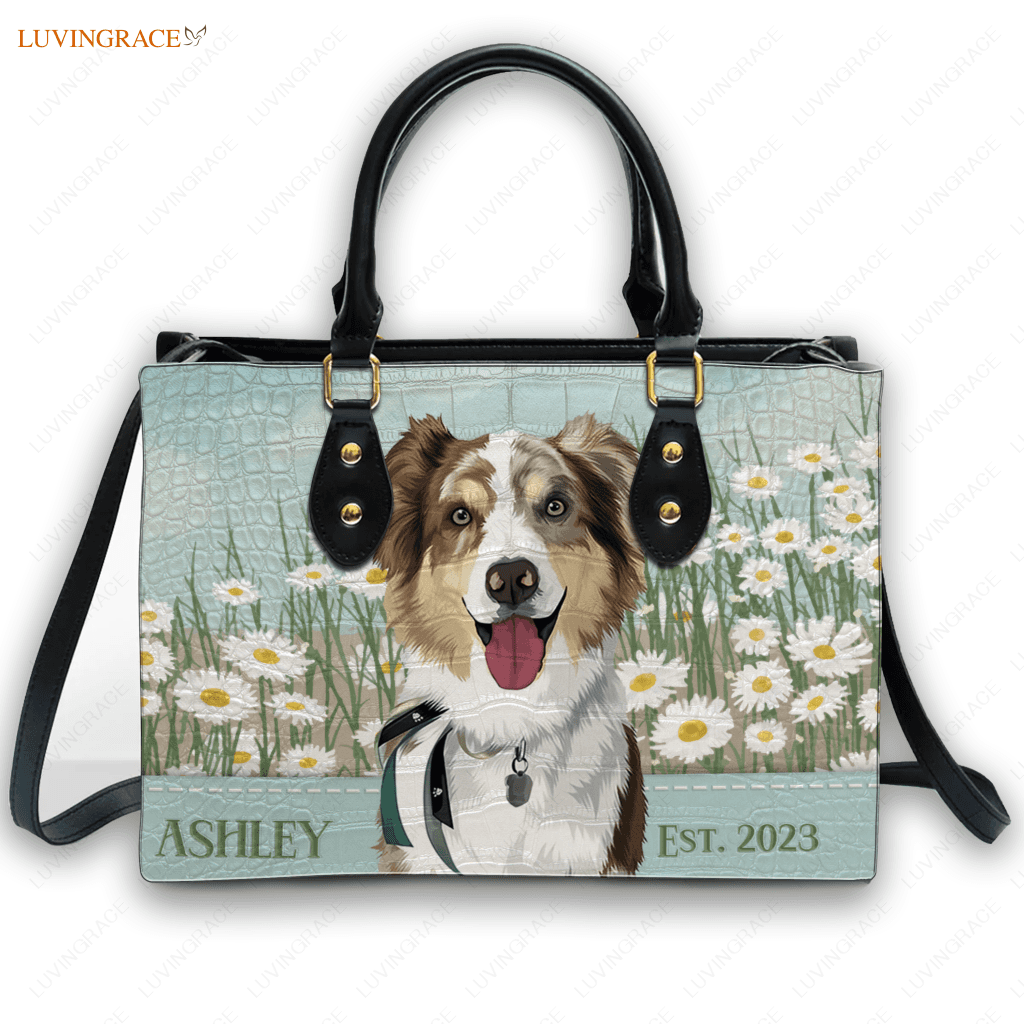 Blue White Daisy Flower Pet Digital Painting Portrait - Personalized Custom Leather Bag Handbags