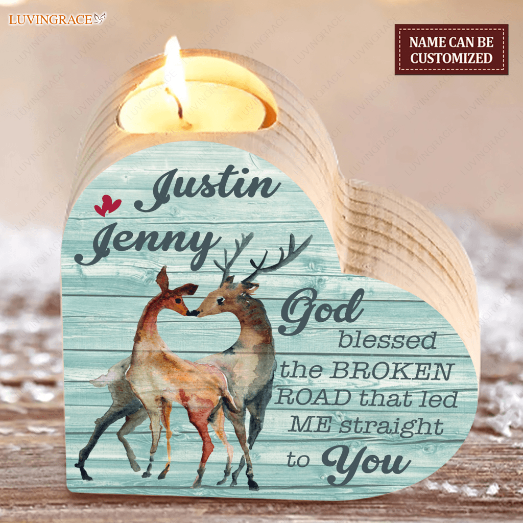 Blue Wood Deer Couple God Blessed Personalized Candle Holder Heart Shaped