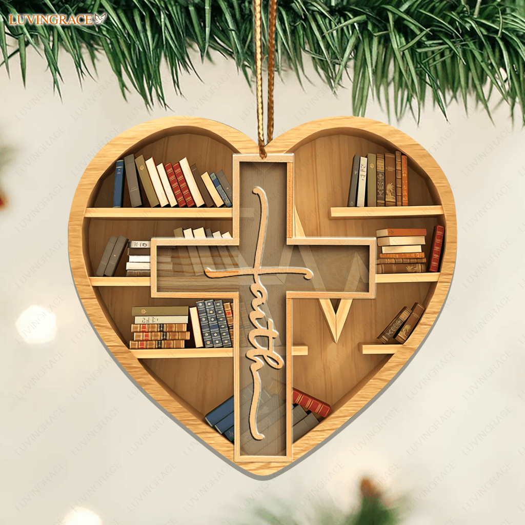 Bookshelf Heart Faith Cross Ornament