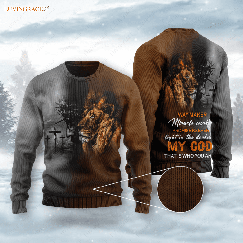 Brown Grey Lion Jesus Cross Way Maker Miracle Worker Wool Sweatshirt