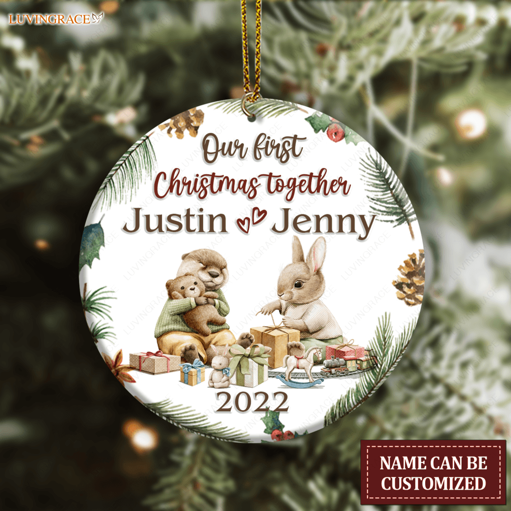 Bunny And Otter Couple Pine Floral Our First Christmas Together Personalized Ornament Ceramic