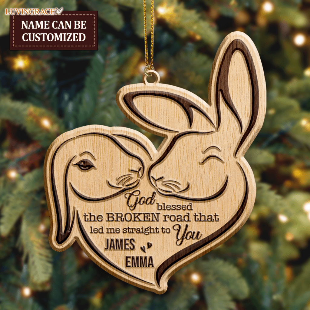 Bunny Rabbit Couple God Blessed Personalized Wood Engraved Ornaments Wooden Ornament