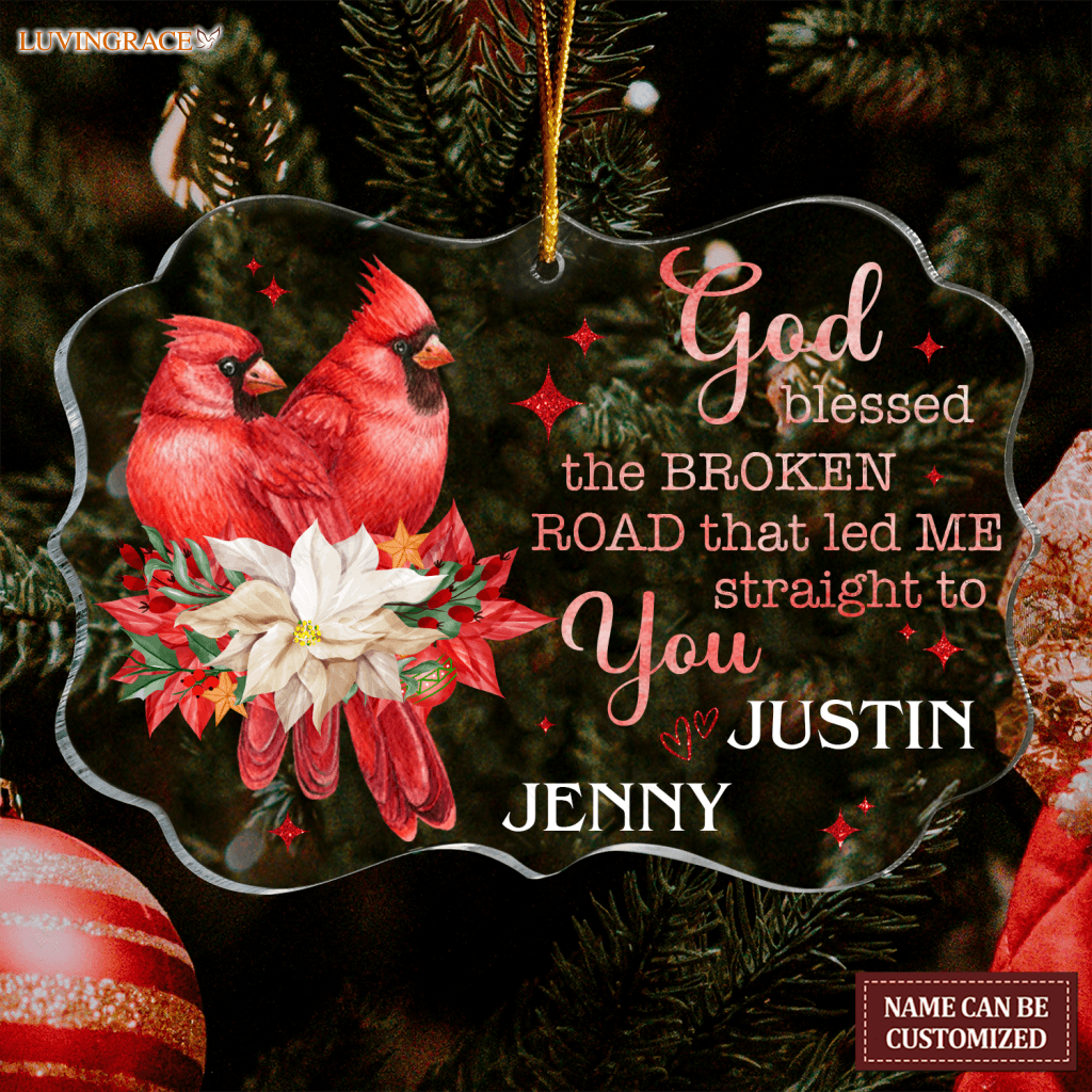 Cardinal Couple Poinsettia God Blessed Personalized Transparent Ornament