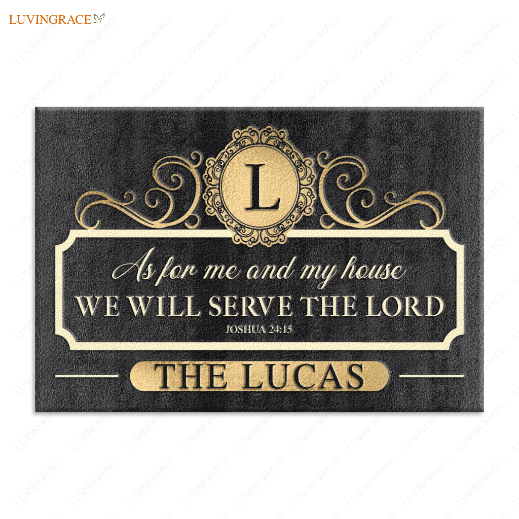 Charcoal Gold Family Home Serve The Lord Personalized Doormat