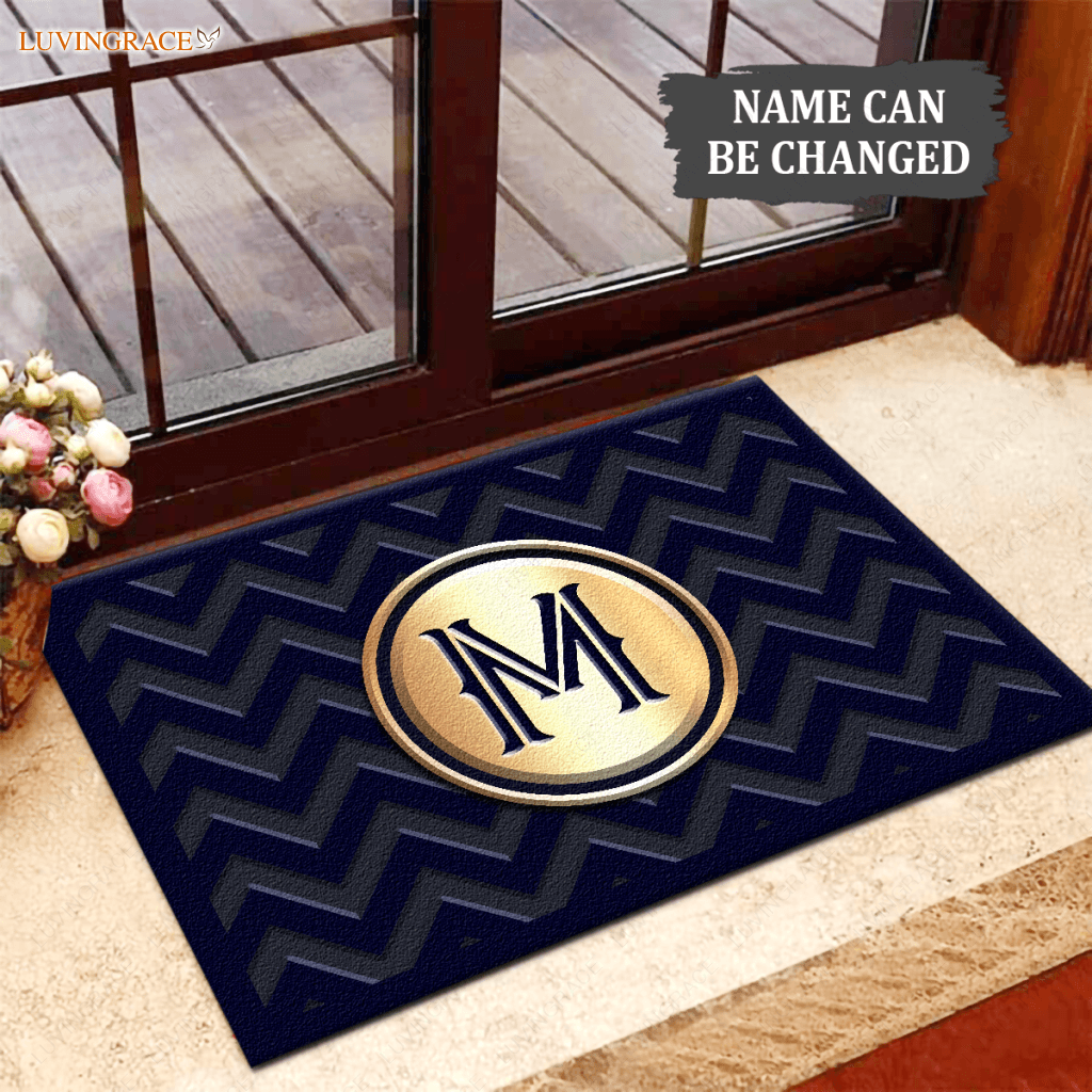 Cheveron Blue Monogram Personalized Doormat
