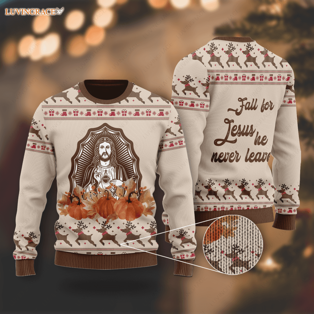 Christ God Pumpkin Maple Flower Wool Knitted Pattern Ugly Sweater Sweatshirt
