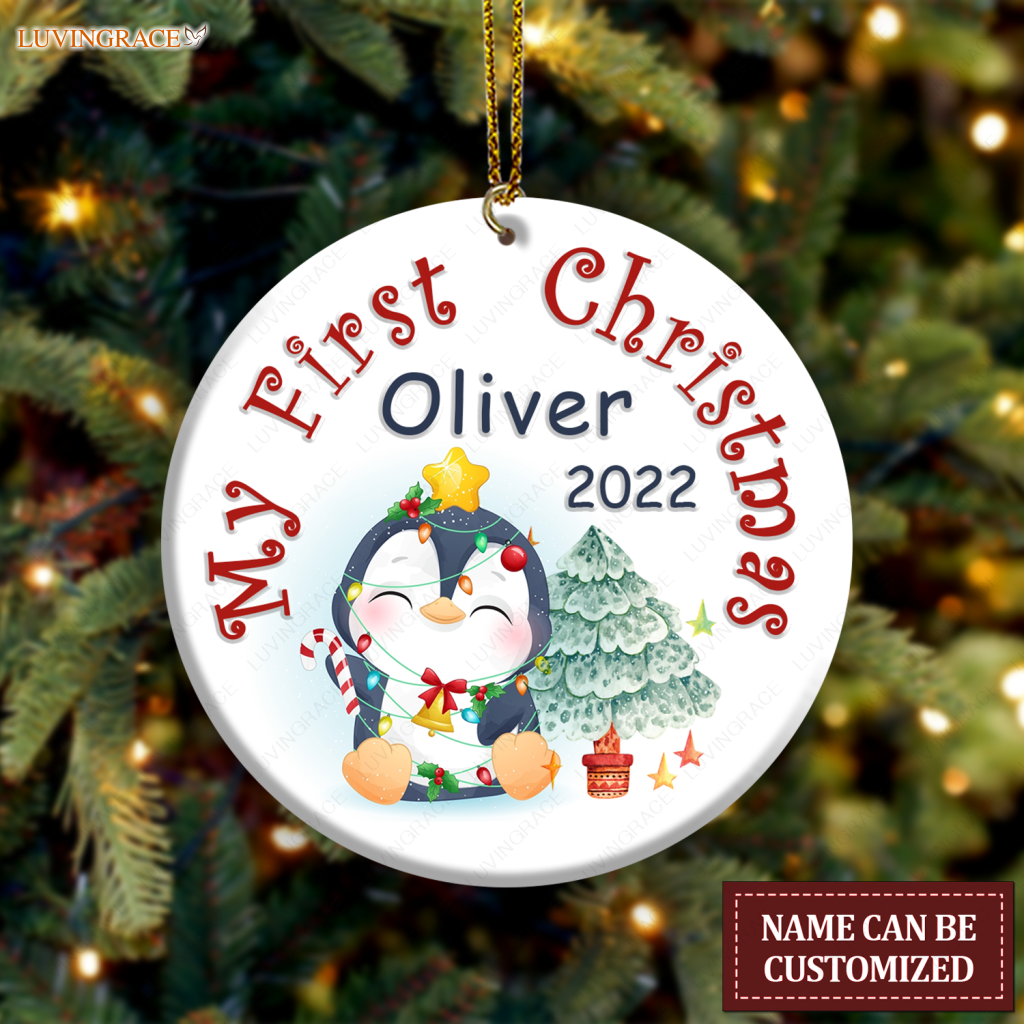 Christmas Baby Penguin First Personalized Ornament Custom Name Ceramic