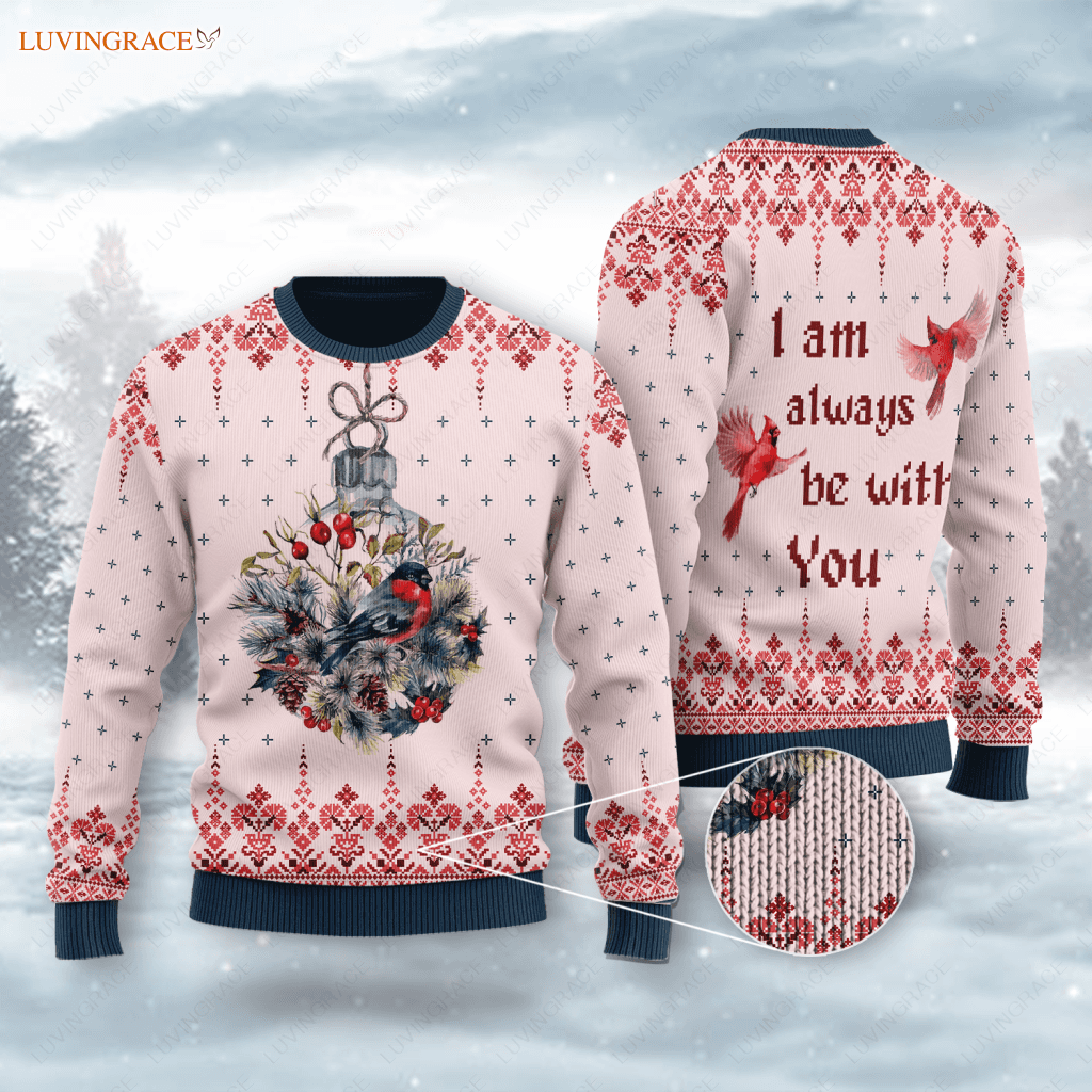 Christmas Cardinal Floral Wool Knitted Pattern I Am Always Be With You Ugly Sweater Sweatshirt