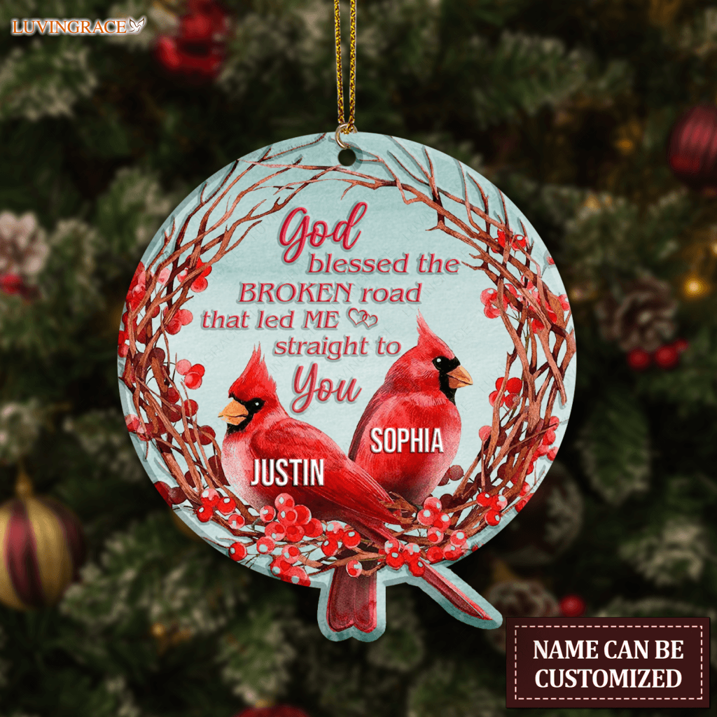 Christmas Floral Cardinal Couple God Blessed Personalized Ornament Option 1 Ceramic