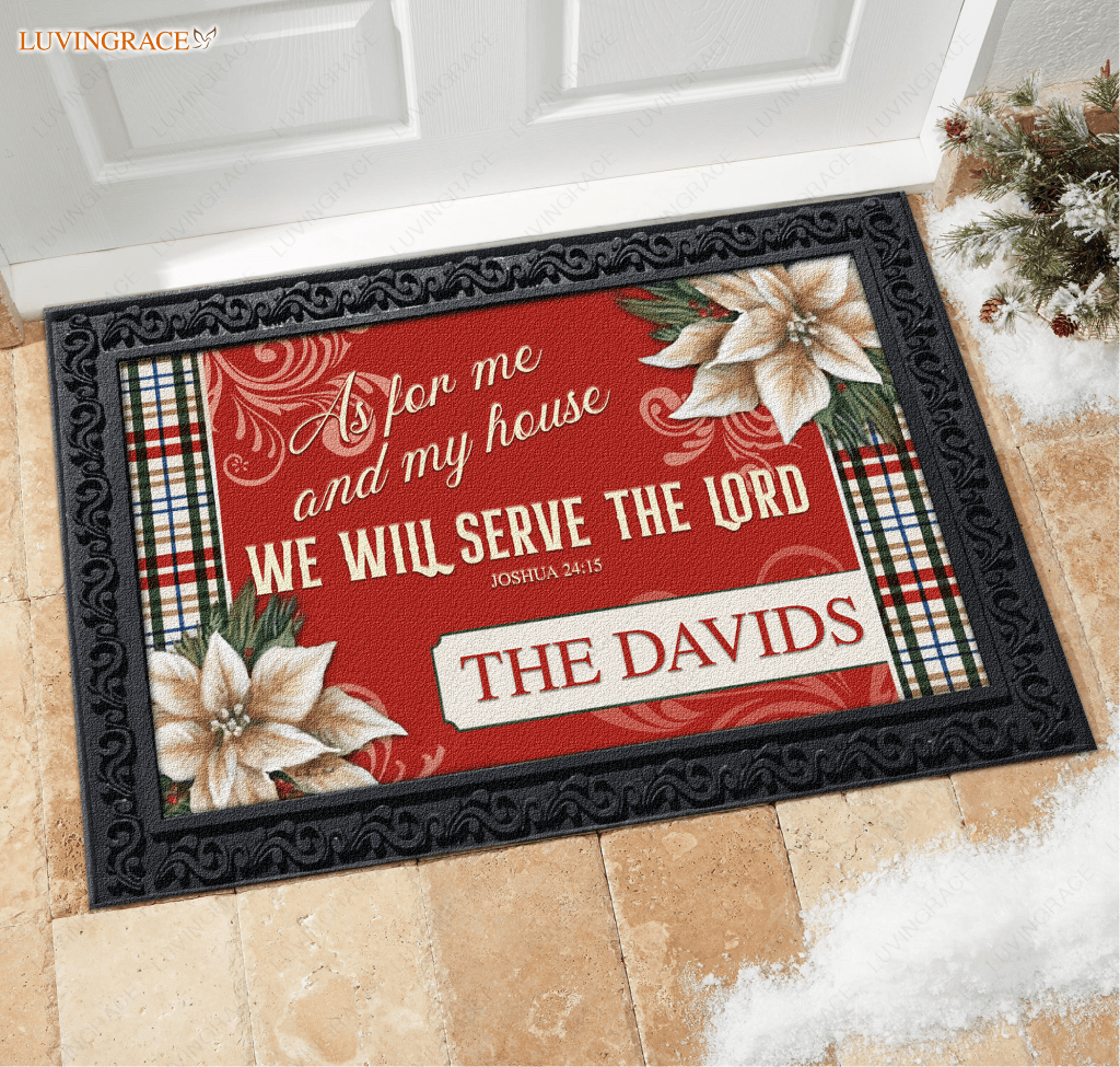 Christmas Poinsettia Serve The Lord Personalized Doormat