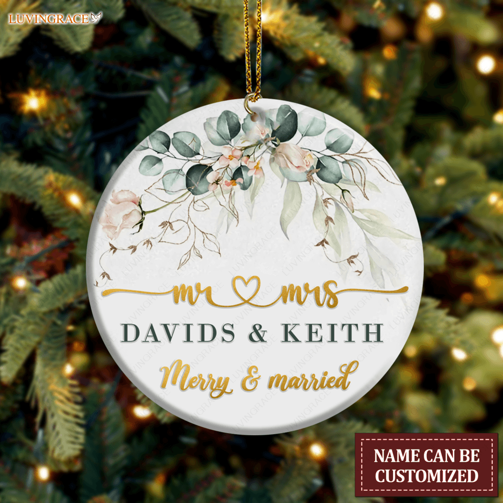 Christmas Vintage Golden Floral Frame Merry And Married Personalized Ornament Ceramic