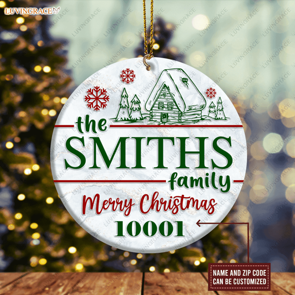 Christmas Vintage Wood House Family Name And Zip Code Personalized Ornament