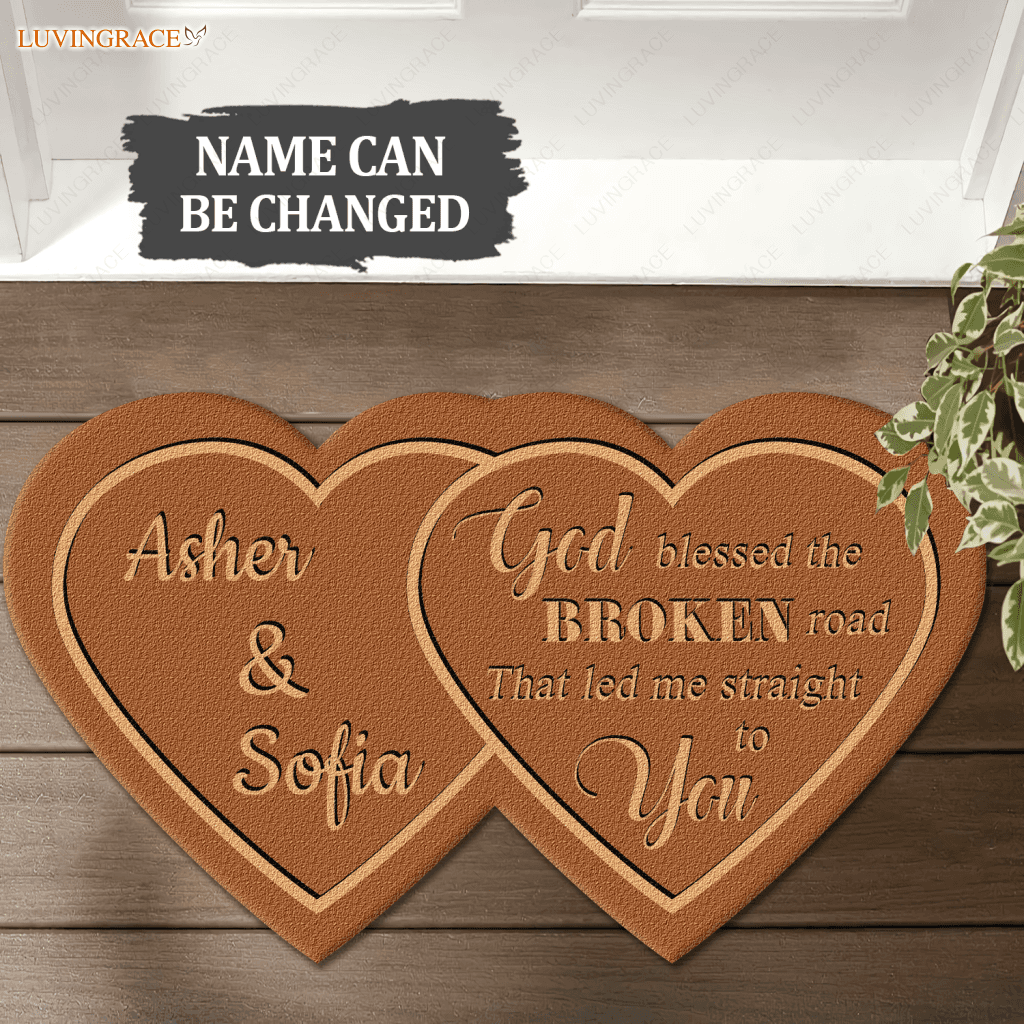 Couple Hearts God Blessed Personalized Shaped Luxurious Doormat