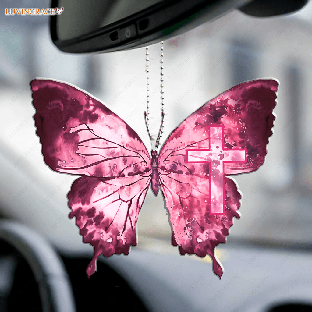 Cross Pink Butterfly Ornament