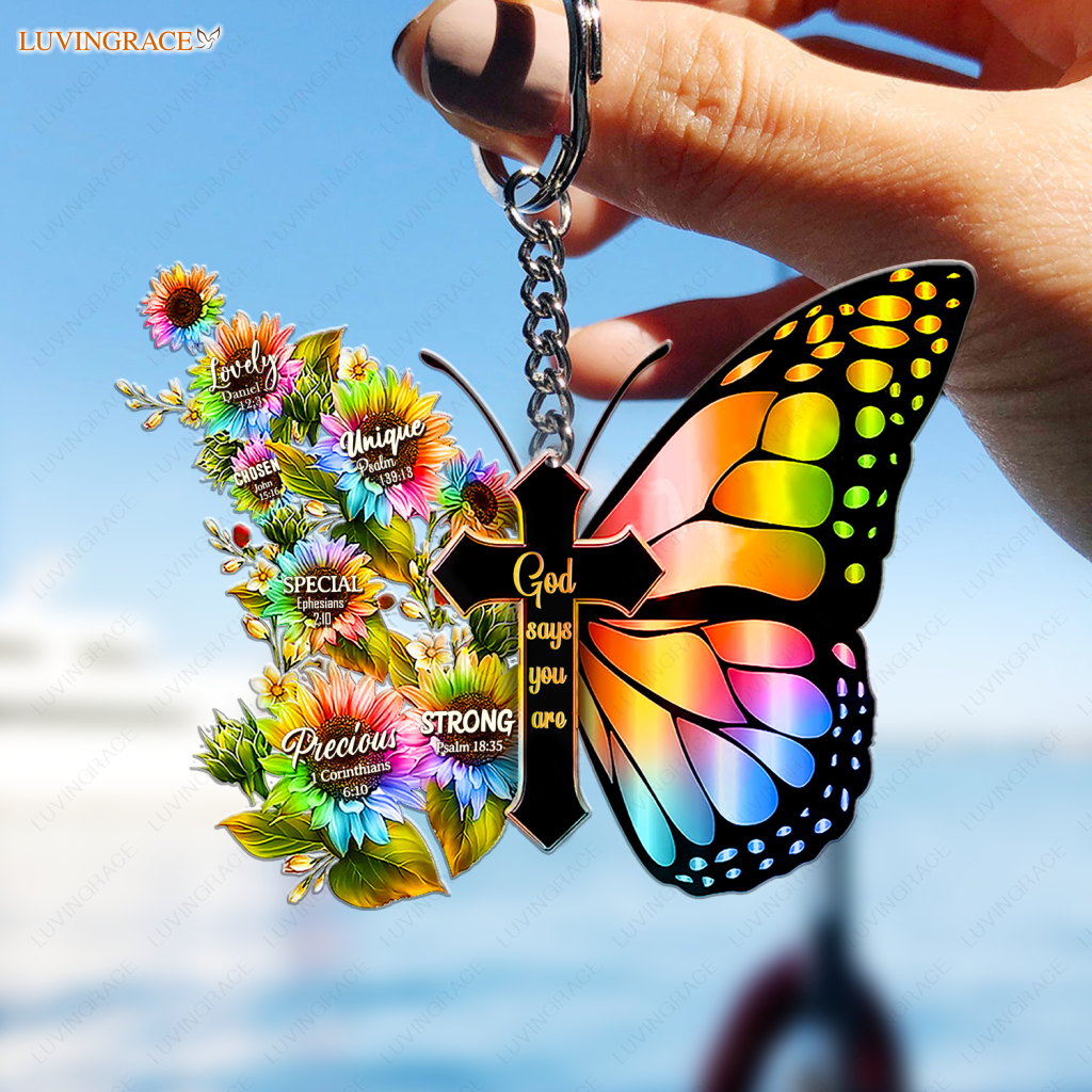 Cross With Rainbow Butterfly God Says You Are Keychain