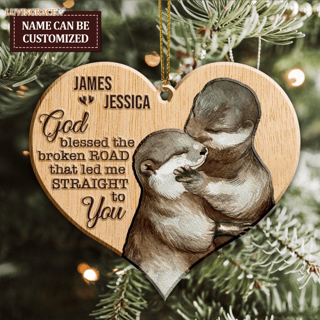 Cuddling Otter Couple God Blessed Personalized Wood Engraved Ornaments Wooden Ornament