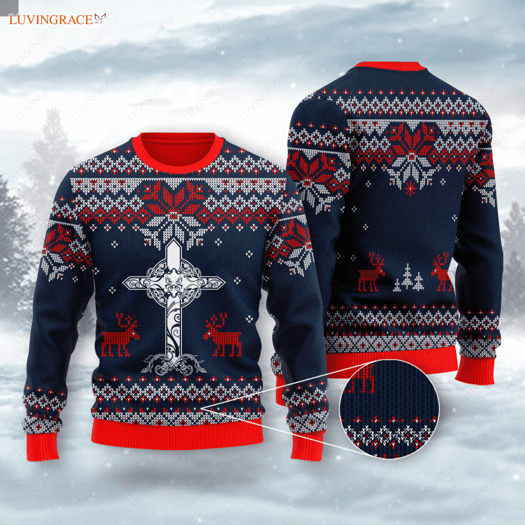 Dark Blue Christian Cross Reindeer Wool Knitted Snow Christmas Pattern Ugly Sweater Sweatshirt