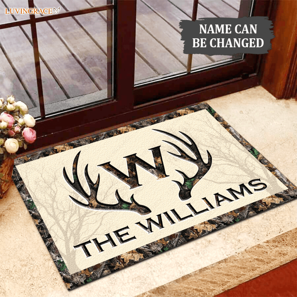 Deer Antlers Camo Family Monogram Personalized Doormat