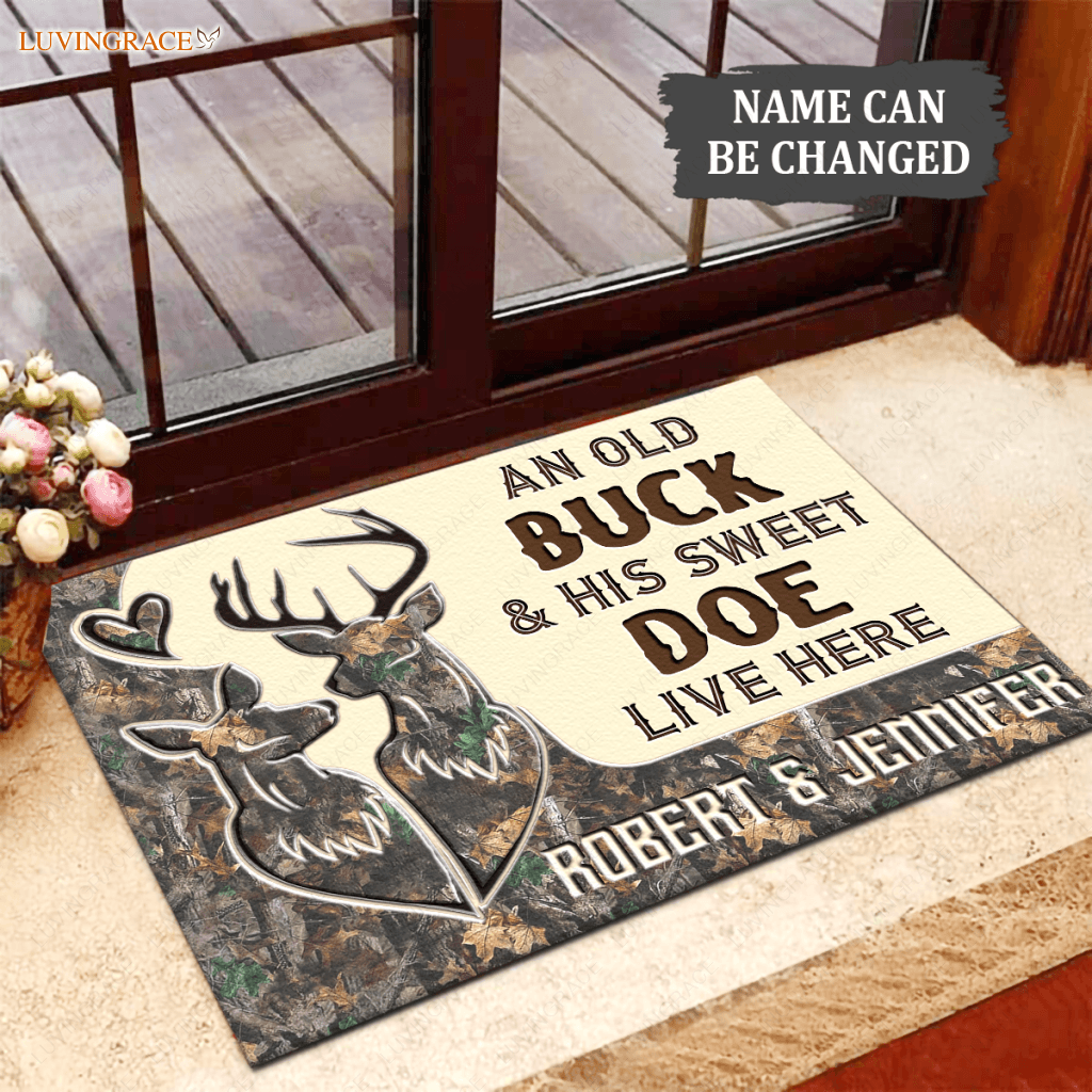 Deer Camo Old Buck And Doe Personalized Doormat