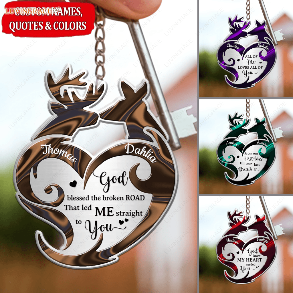 Deers For Couple Tribal Heart Personalized Keychain