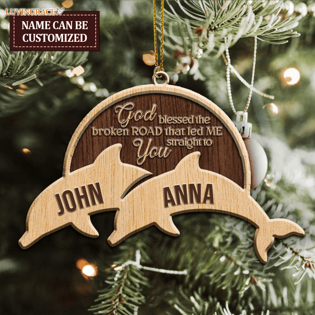 Dolphin Couple God Blessed Personalized Wood Engraved Ornaments Wooden Ornament
