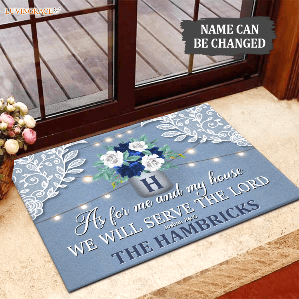 Dusty Blue Country Lace Serve The Lord Personalized Doormat