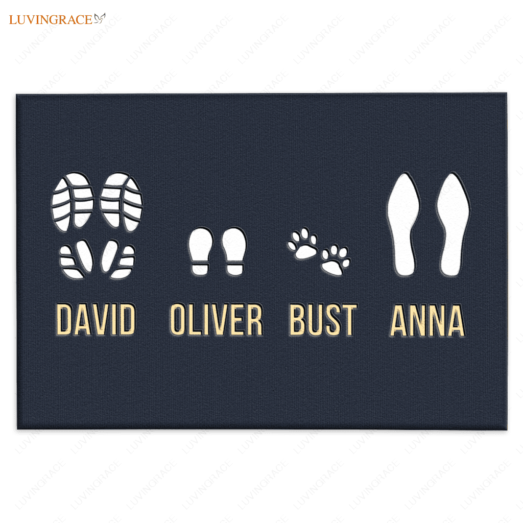 Elegant Custom Footprint Family & Pet Name Navy Doormat