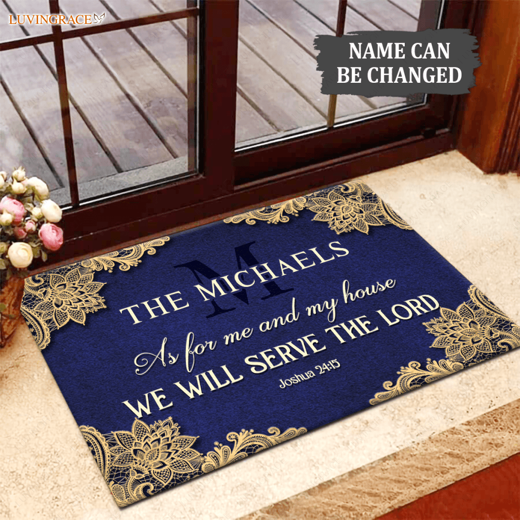 Elegant Floral Lace Royal Blue Serve The Lord Personalized Doormat