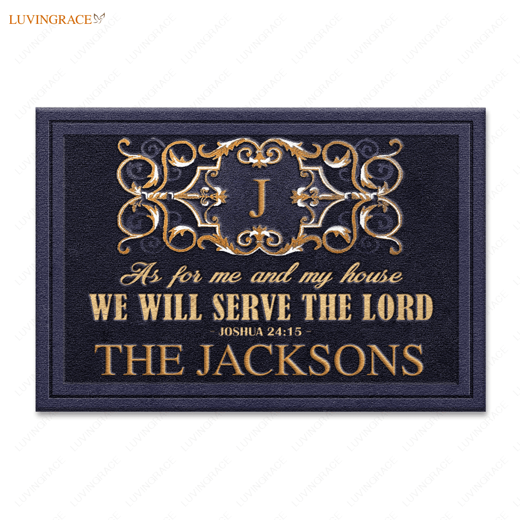 Elegant Navy Exterior Decor Monogrammed Serve The Lord Personalized Doormat