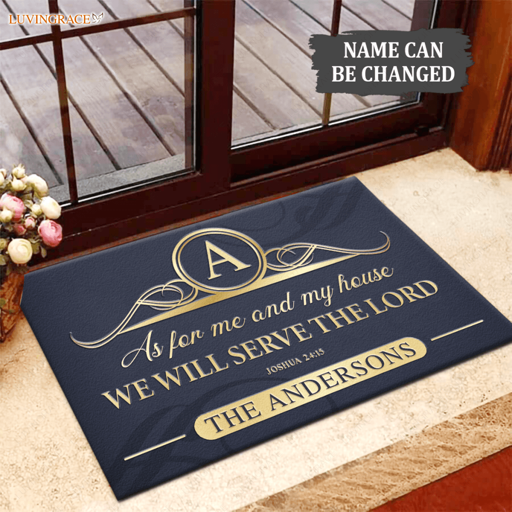 Elegant Navy Ornate Serve The Lord Personalized Doormat