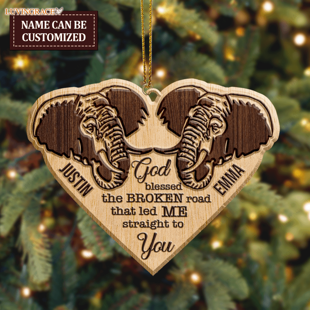 Elephant Couple God Blessed Personalized Wood Engraved Ornaments Wooden Ornament