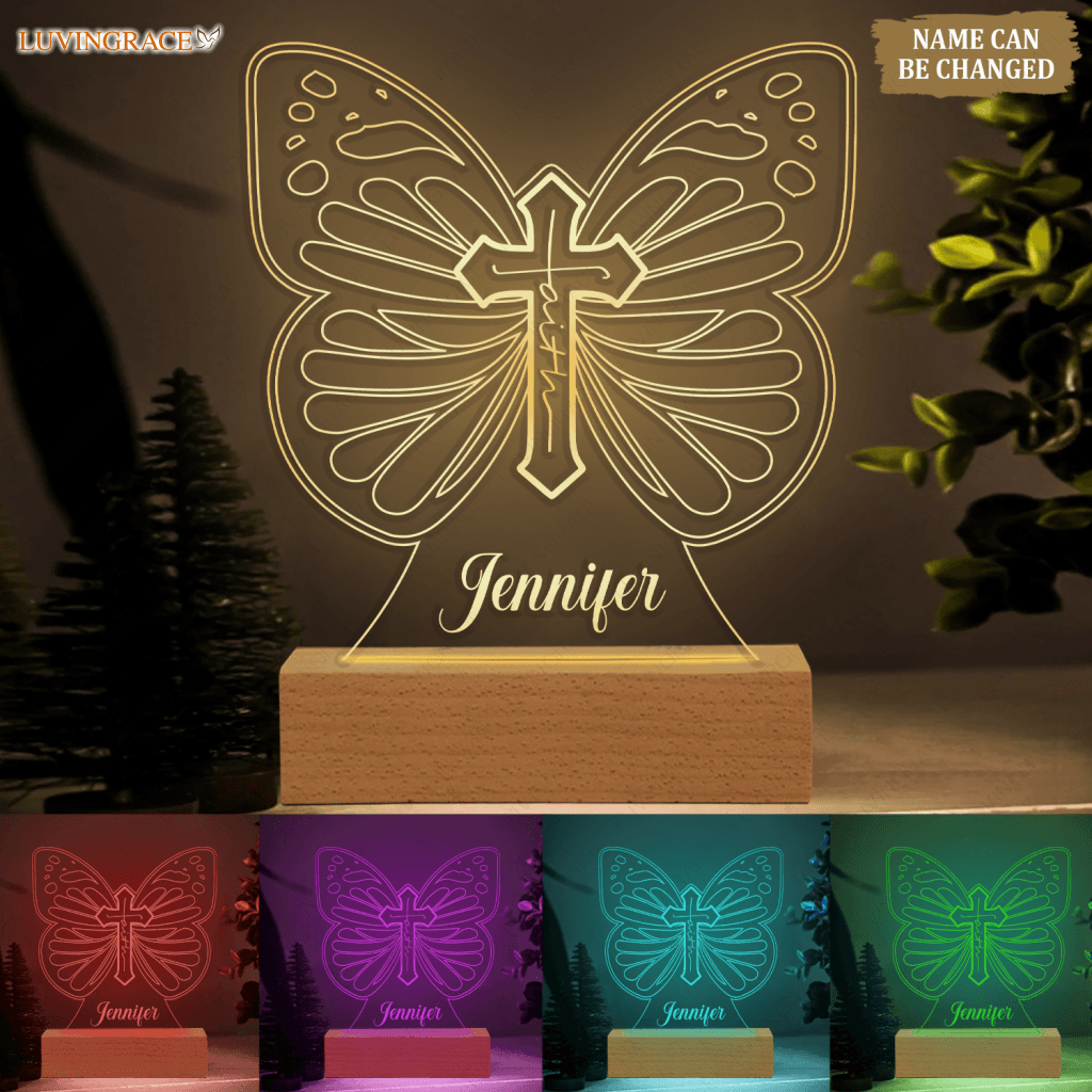 Faith Cross Butterfly Personalized Acrylic Seven Colors Night Light