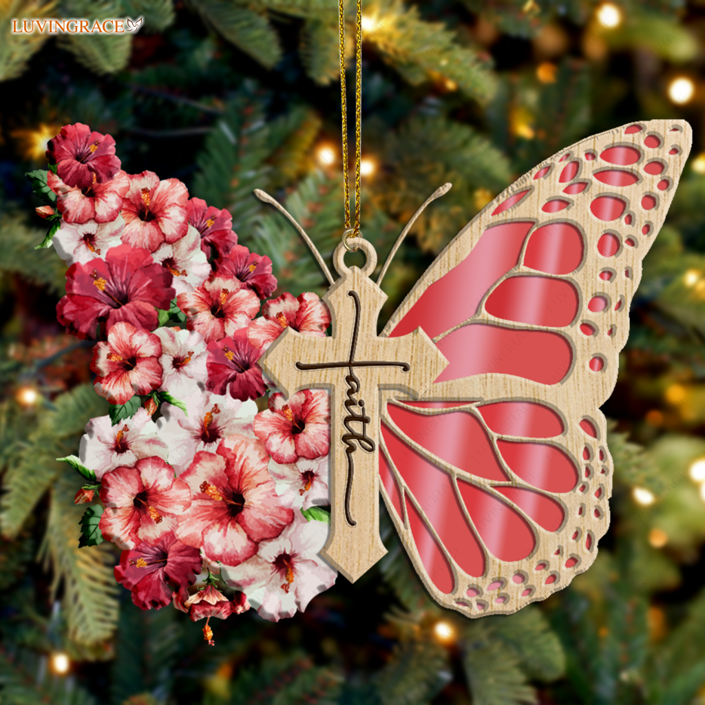 Faith Pink Hibiscus Butterfly God Jesus Cross Christian Lover Wood Engraved Ornaments Wooden