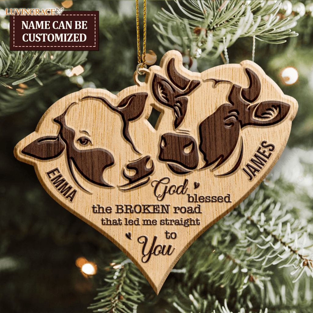 Farm Love Cow Couple God Blessed Personalized Wood Engraved Ornaments Wooden Ornament