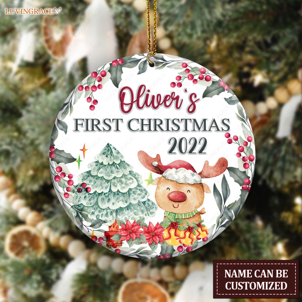 First Christmas Lovely Reindeer Pine Floral Personalized Ornament Ceramic