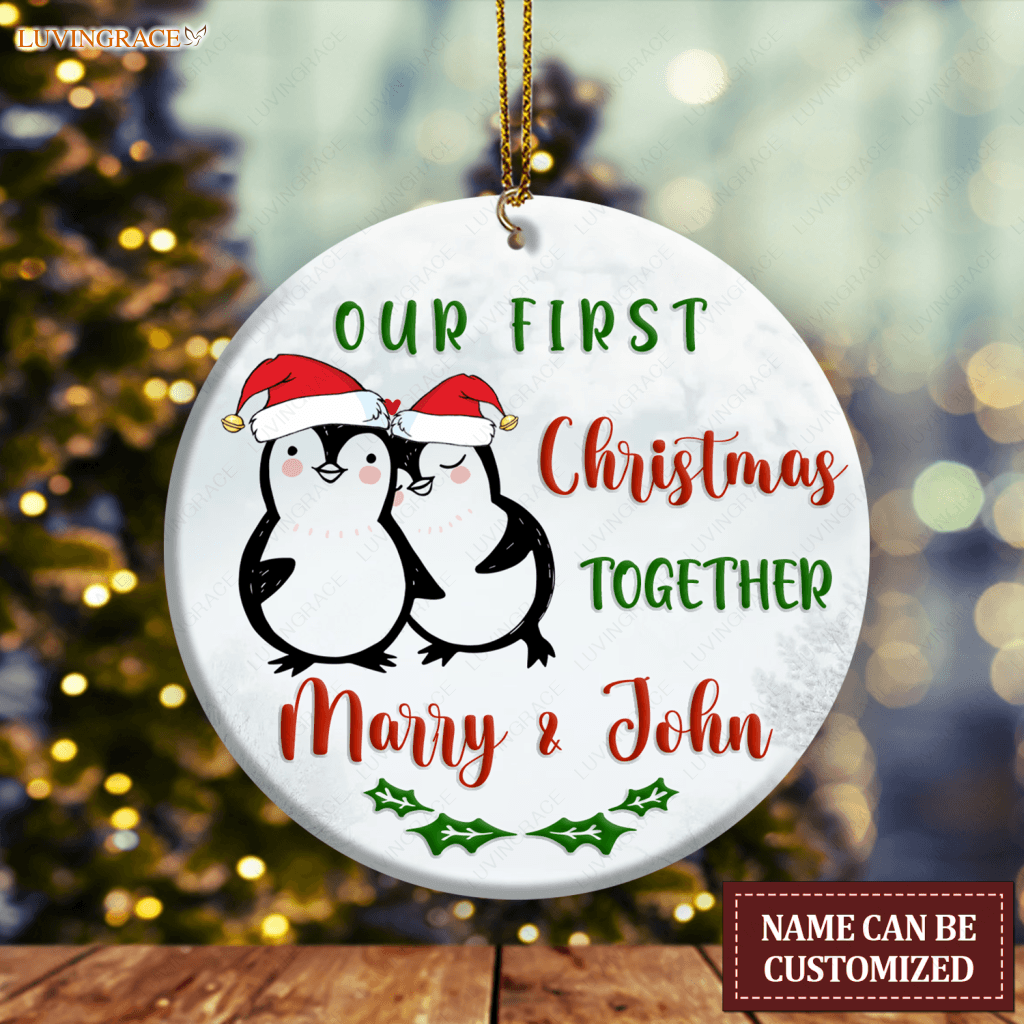 First Christmas Penguin Couple Personalized Ornament Ceramic