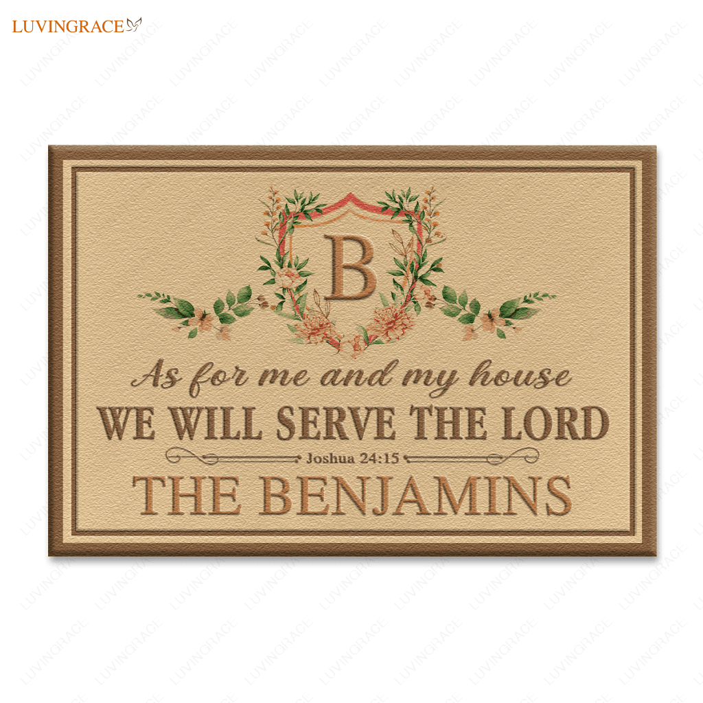 Floral Monogram Crest Pastel Serve The Lord Personalized Doormat