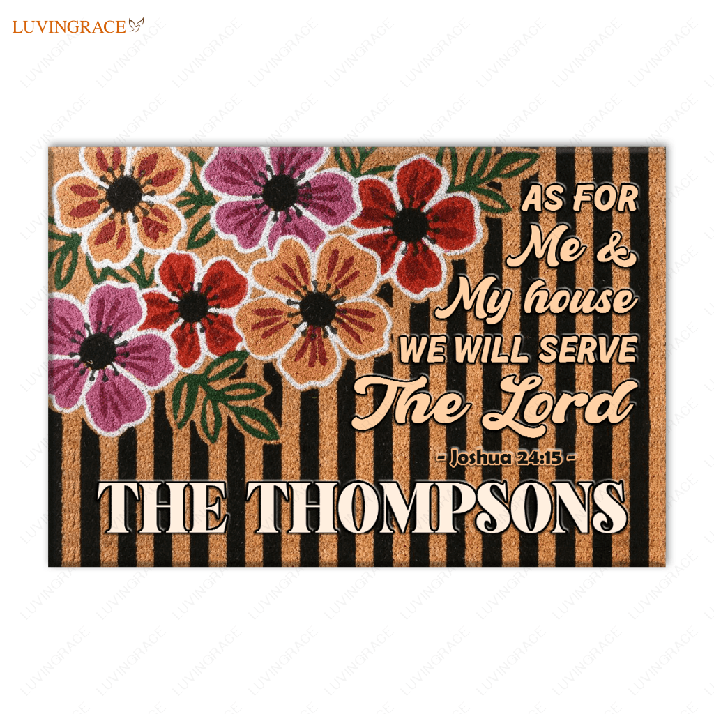 Floral Stripes Serve The Lord Personalized Doormat