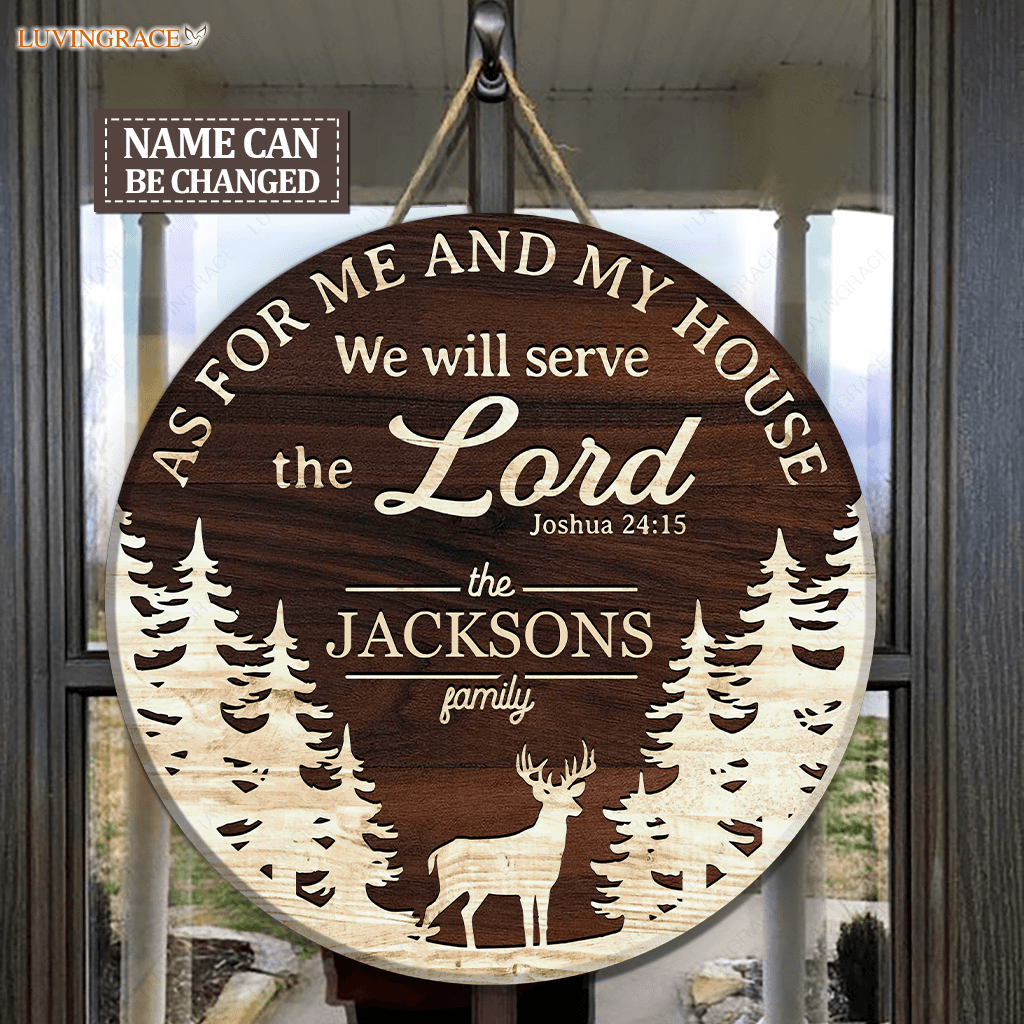 Forest Deer Serve The Lord Personalized Wood Circle Sign