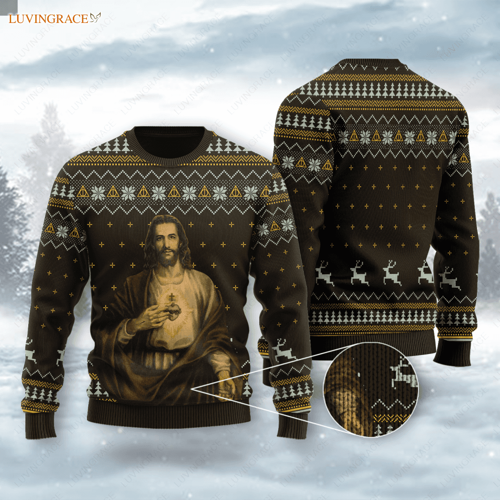 God Christ Show His Sacred Heart Wool Knitted Christmas Pattern Ugly Sweater Sweatshirt