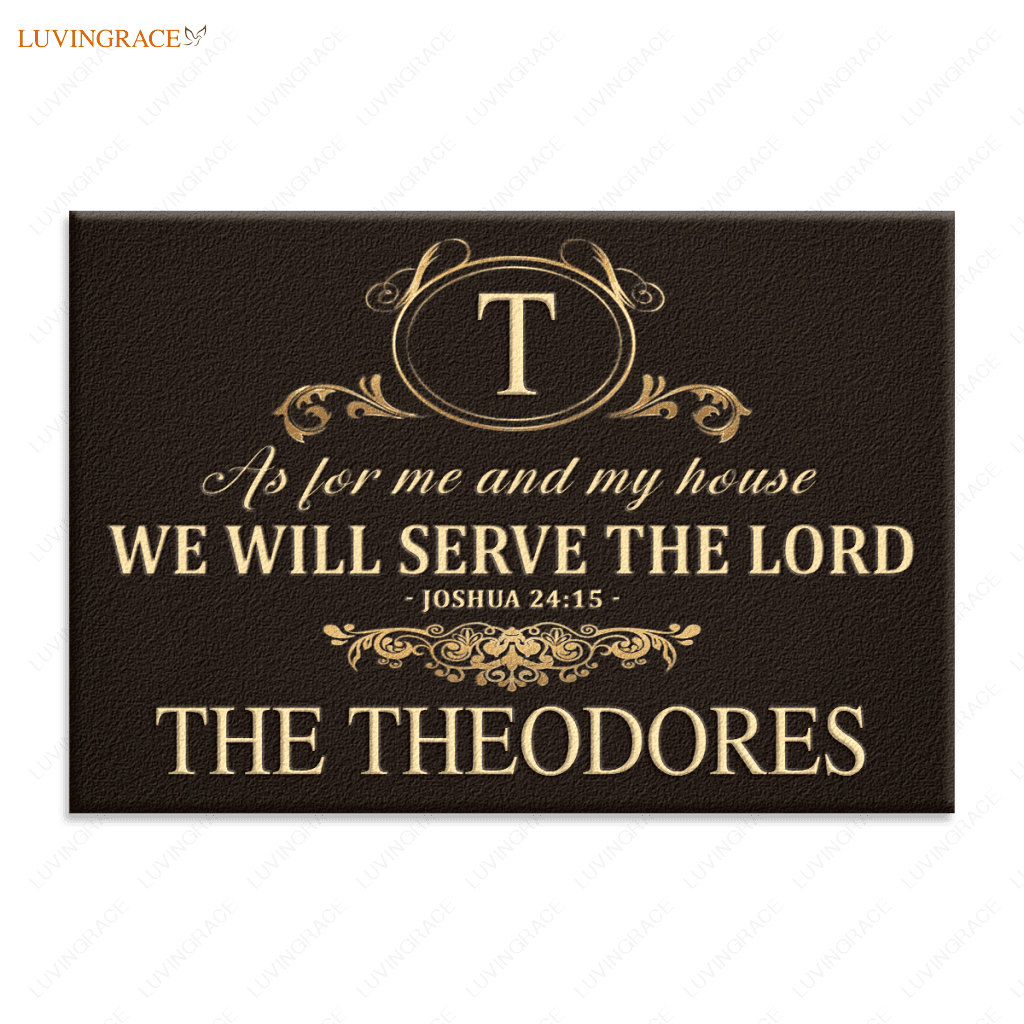 Gold Vintage Monogram Family Home Serve The Lord Personalized Doormat