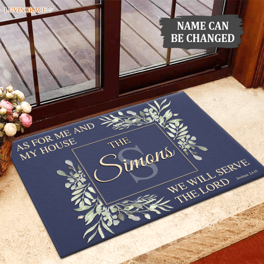 Greenery Floral Navy Blue Serve The Lord Personalized Doormat