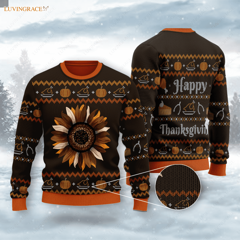 Happy Thanksgiving Sunflower Pumpkin Wool Knitted Pattern Ugly Sweater Sweatshirt