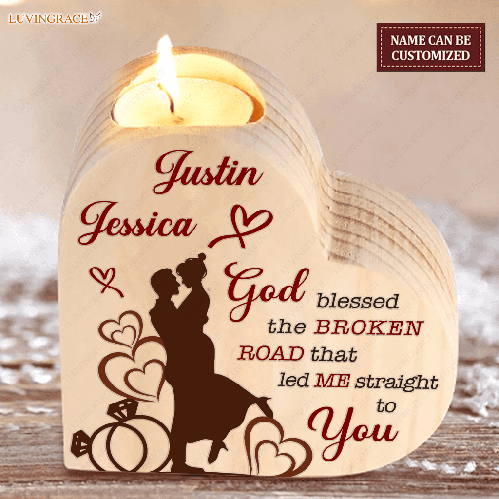 Heart And Rings Bride Groom God Blessed Personalized Candle Holder Shaped