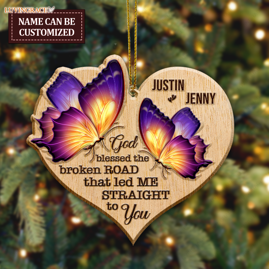 Heart Butterfly Couple God Blessed Personalized Wood Engraved Ornaments Wooden Ornament