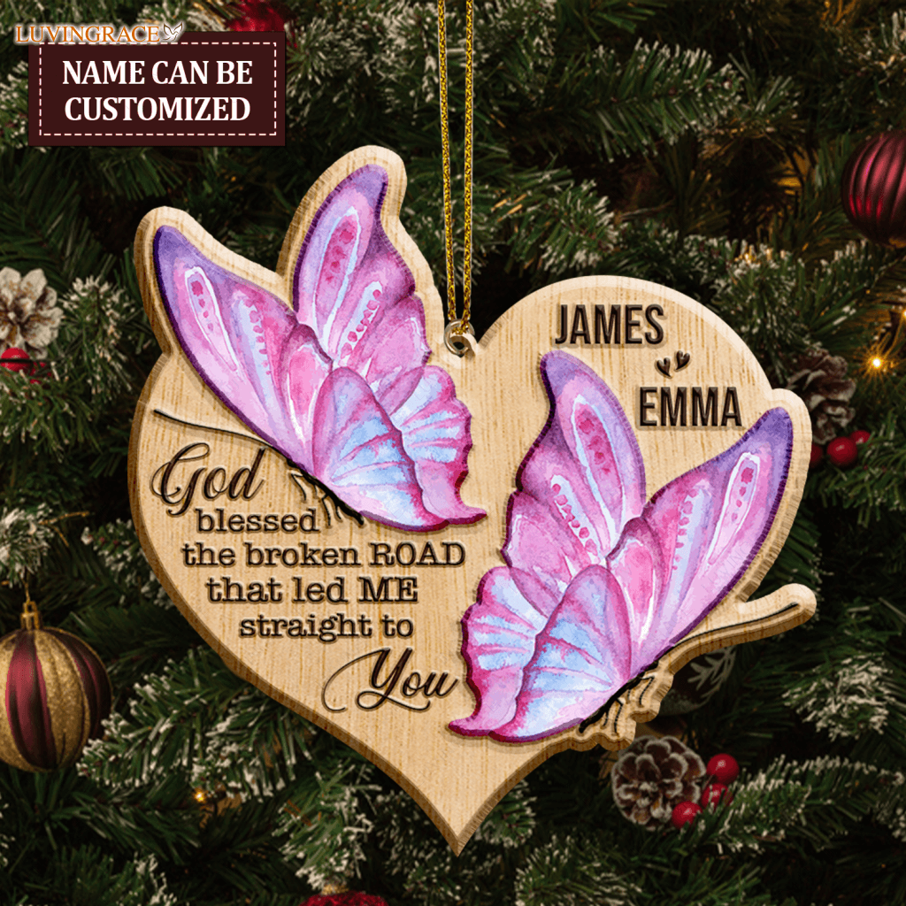 Heart Butterfly Couple God Blessed Personalized Wood Engraved Ornaments Wooden Ornament