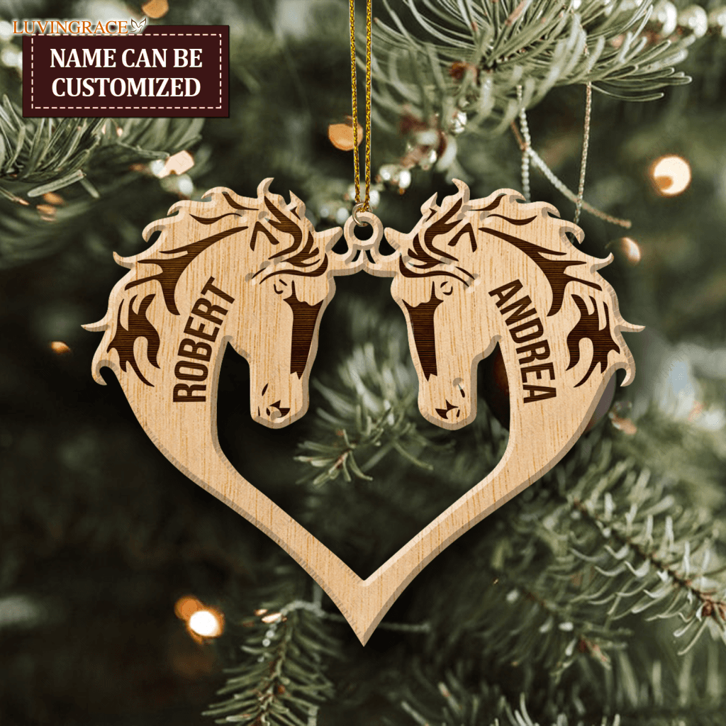 Heart Couple Horse Wood Engraved Ornaments Wooden Ornament