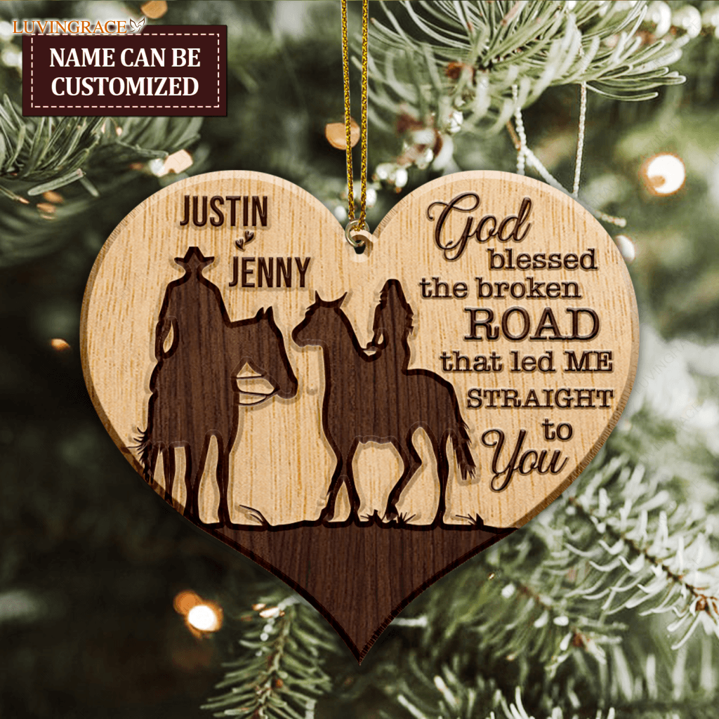 Heart Cowboy And Cowgirl God Blessed Personalized Wood Engraved Ornaments Wooden Ornament